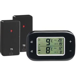 Rosenstein & Söhne Kühlschrankthermometer: Digitales Kühl- & Gefrierschrank-Thermometer, 2 Funk-Sensoren, schwarz (Kühlschrank Thermometer Funk, Thermometer Gefriertruhe, Außenthermometer)