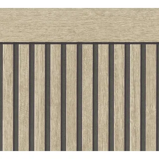ascreation A.S. Création Tapete Holzoptik Beige Braun Schwarz 397441 Vliestapete Akustikpaneele - skandinavische Sockelpaneel Optik im Querformat - 5,00m x 1.06 m Braun-Schwarz FSC®