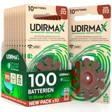 100 Batterien für Hörgeräte Größe 312 Udirmax PR41 Braun Zink-Luft mit Dynamic Sonar Technologie Öko-Pack - 10 umweltfreundliche Blisterpackungen mit 10 Hörgerätebatterien