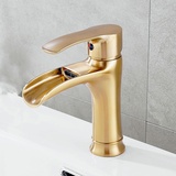 SHUNLI Wasserfall Wasserhahn Bad Gebürstetes Gold Waschtischarmatur, Einhebel Badarmatur Bad Armatur Waschtischbatterie für Badezimmer Waschbecken, Messing