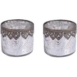 H&D Manufaktur Jinfa 2er Set Teelichthalter aus Glas Windlichter Kerzengläser Teelichtgläser Geschenk | Zylindrische Form| Elegantes Silber Ø 10cm x h 9cm