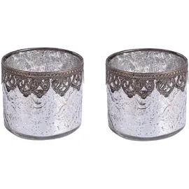 H&D Manufaktur Jinfa 2er Set Teelichthalter aus Glas Windlichter Kerzengläser Teelichtgläser Geschenk | Zylindrische Form| Elegantes Silber Ø 10cm x h 9cm