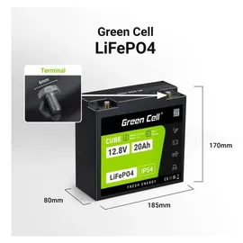 Green Cell CUBE LiFePO4 Spezial-Akku LiFePo-Block Schraubkontakt Li-Ion 12.8V 20Ah 256Wh IP54 Schwarz Grün