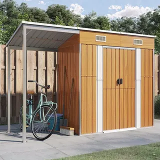 Rantry Gartenhaus mit verlängertem Dach Hellbraun 277x110,5x181cm Stahl Outdoor Lagerschuppen Metall Gartenhaus Outdoor Aufbewahrungsbox Gartenmöbel