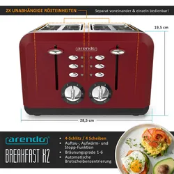 Arendo Toaster 4-Schlitz im Edelstahlgehäuse für 4 Scheiben, extrabreite Röstschlitze, leichte Reinigung, Rot