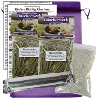 MARIENGRAS zum räuchern Süßgras Vanillegras 7-TLG Räucherset 2X 60ml Räucherwerk mit Räucherkohle (10x), Räuchersand, Räucheranleitung, Lexikon der Räucherstoffe A-Z, Täschchen. 82060-XX49