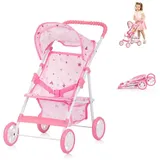 Chipolino Puppenwagen Alice Aufbewahrungskorb klappbar, Sonnendach verstellbar rosa sterne