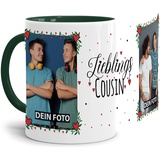 Tasse - Lieblings-Cousin - zum selbst Gestalten mit zwei Fotos - Fototasse für den Cousin - Keramik, Innen & Henkel Dunkelgrün, 300 ml