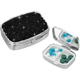 Soleebee Diamant Edelstahl Pillendose mit 2 Fächern, Mini Pillenhalter Bling Kleine Tablettendose mit Spiegel Tragbare Pillenbox Tabletten Organizer für Outdoor Sport Camping Wandern Reisen (Schwarz)