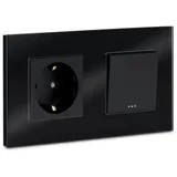 Navaris Lichtschalter mit Schuko Steckdose - mit Glasrahmen - Design Glas Schalter einfach - Aufputz Wippschalter Wandschalter in Schwarz