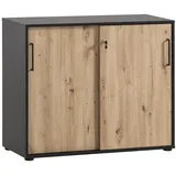 Proregal Möbelpartner Aktenschrank Raven Large HxBxT 84x100x41cm 2 Fächern 2 abschließbare Schiebetüren Eiche | Schwarz