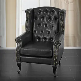 Mendler Sessel Relaxsessel Clubsessel Ohrensessel Chesterfield, Kunstleder ~ schwarz ohne Ottomane