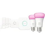 Philips Hue Starter Set mit 2 x E27 RGBW Lampen dimmbar 9W wie 60W & Bridge & Sensoren