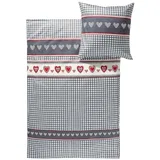 Erwin Müller Feinflanell-Bettwäsche, Bettgarnitur Karo, Herz grau-rot-weiß Größe 80x80 cm / 135x200 cm - für die kalte Jahreszeit, weich und flauschig, mit praktischem Reißverschluss