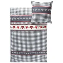 Erwin Müller Feinflanell-Bettwäsche, Bettgarnitur Karo, Herz grau-rot-weiß Größe 80x80 cm / 135x200 cm - für die kalte Jahreszeit, weich und flauschig, mit praktischem Reißverschluss