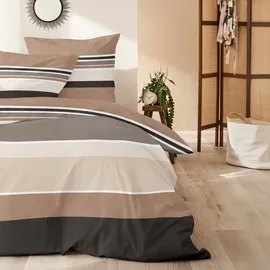 Hahn Haustextilien Mako-Satin Gestreift Beige-Grau 135 x 200 cm + 80 x 80 cm