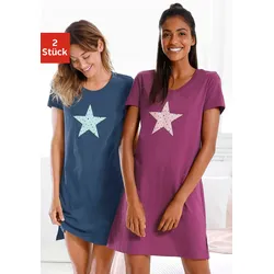 Nachthemd VIVANCE DREAMS, Damen, Gr. 56/58, N-Gr, bunt (bordeaux, marine), Single Jersey, Obermaterial: 100% Baumwolle, Basic, kurz, Kleider, mit Sternenprint