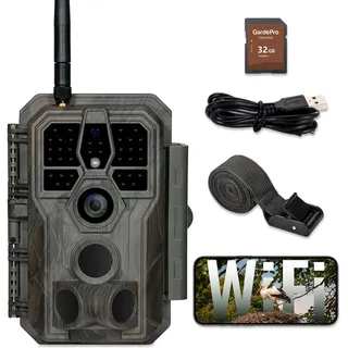 GardePro E8 Wildkamera WLAN mit 32 GB SD-Karte, 64MP H.264 1296P Video, 27m Infrarot Nachtsicht Bewegungsmelder Wildtierkamera WiFi Handyübertragung, 0,1s Schnelle Trigger, IP66