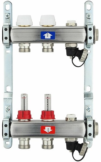 Fußbodenheizungsverteiler aus Edelstahl mit Topmeter für 2 Heizkreise - ohne Anschlussset