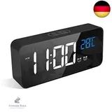 LATEC Digitaler Wecker mit Große LED Temperaturanzeige, Tischuhr mit 10 Musik, USB Ladeanschluss, 4 Helligkeit und Lautstärke Regelbar, Snooze, tragbarer Spiegelalarm mit 2 Alarmen, 12/24HR