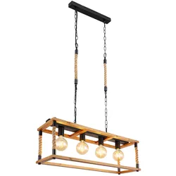 Pendelleuchte Vintage Retro Hängelampe Holz LED Deckenlampe Hanfseil 4 flammig, Metall schwarz braun, 7W 806lm warmweiß, LxBxH 80x25x120 cm
