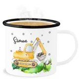 Emaille Becher Blechbecher - Bagger I Baggerfahrer Geschenk - 300 ml - Weiß Schwarz - kindergarten tasse personalisierte baustelle blechtasse emaille-tasse kinder kindertasse name fahrzeuge