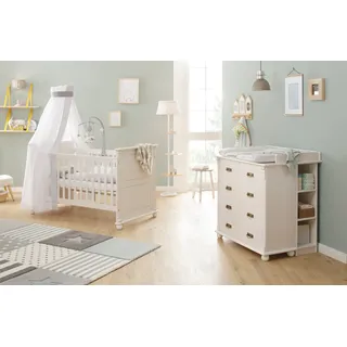 LÜTTENHÜTT »Aimo, luxoriöser Landhausstil, Messinggriffe,«, (Spar-Set, 3 tlg., Kinderbett, Wickelkommode, Unterbauregal, 5 Schubladen), aus Massivholz; FSC®-Holz aus gewissenhaft bewirtschafteten Wäldern