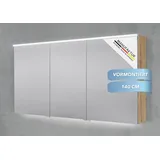 Intarbad Badezimmerspiegelschrank 3-türiger Spiegelschrank mit MULTI LED Beleuchtung, stufenlos dimmbar (Doppelspiegeltüren, Holz-/ Lackdekore, Maße von 90 bis 180 cm wählbar, Höhe 71,8 cm, Glasfachböden, Magnetleiste & Kosmetikspiegel Ø 12 cm) Vormontierte Lieferung, Floatglas, 160 kg Traglast, Made in Germany beige 140 cm x 71,8 cm x 13,5 cm