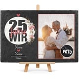 PR Print Royal Schiefertafel selbst gestalten- Fotocollage - 25 Jahre - Personalisiertes Geschenk zur Silberhochzeit mit Foto, Namen und Datum - inkl. Holzstaffelei, 20 x 30 cm