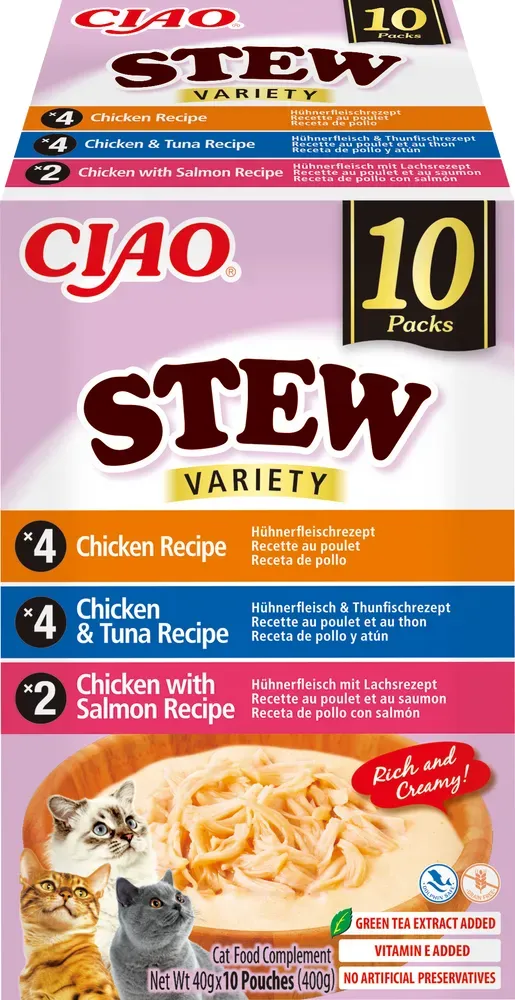 INABA Ciao Stew – Ergänzungsfuttermittel für Katzen mit den Geschmacksrichtungen Huhn, Huhn und Thunfisch sowie Huhn und Lachs, 10 x 40 g