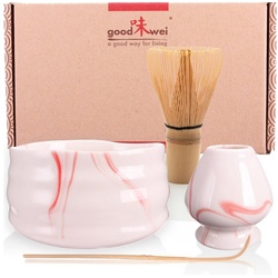 Goodwei Teeservice Matcha-Set „Pink Marmor“ 80 mit Teeschale, Matchabesen und Besenhalter (4-tlg), Keramik