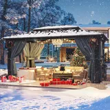 HOTEEL Hardtop Pavillon 3x3,65 m Wasserdicht Stabil Winterfest Doppeldach aus verzinktem Stahl, Flammhemmend Pavillon Mit Moskitonetz, Alu-Rahmen Pavillon Gartenpavillon Metall Pavillon (2025 Räumung)