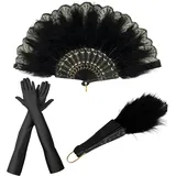 TSHAOUN Federfächer, Feather Fan Banketthandschuhe Set, Vintage Faltfächer, 1920s Vintage Style, Hochzeitsfächer, kostüm 20er jahre damen, 1920er Gatsby Kostüm Zubehör Set
