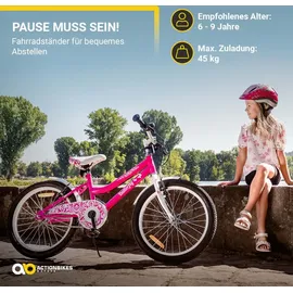 ACTIONBIKES MOTORS Actionbikes Kinderfahrrad Butterfly 20 Zoll Pink, Fahrradständer, Kettenschutz Antirutschgriffe (Weiß/Pink)