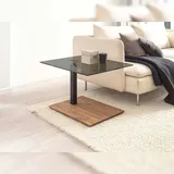 Vierhaus Beistelltisch Platte Parsolglas grau, stufenlos höhenverstellbar, Metallteile schwarz, Bodenplatte Wildeiche Massiv geölt, rollbar