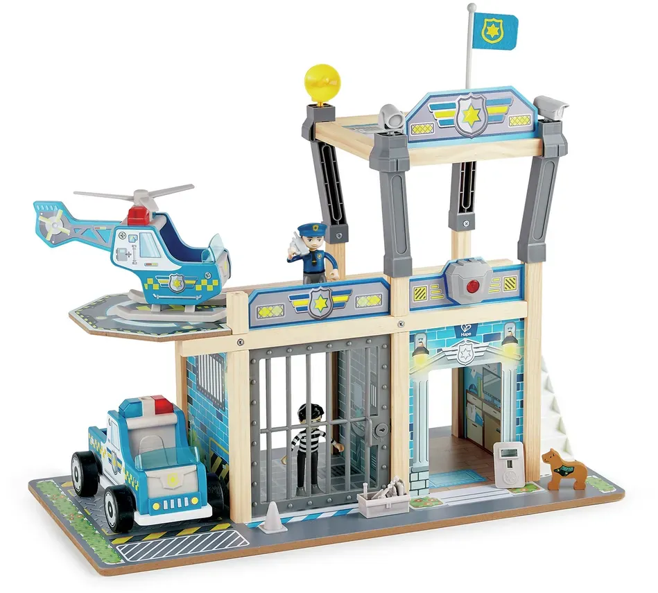 Polizeistation aus Holz 13-teilig für Kinder 60 x 46 x 30 cm braun/blau/weiß - Hape - Mit Hubschrauber, Alarm, Gefängniszellen