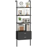 COSTWAY Bücherregal, Leiterregal mit 2 Schubladen, Wandmontage, Metallrahmen schwarz