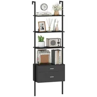 COSTWAY Bücherregal, Leiterregal mit 2 Schubladen, Wandmontage, Metallrahmen schwarz