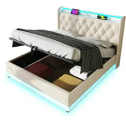 OKWISH Komplettbett 140x200 cm mit LED & 7-Zonen-Matratze, USB-Anschluss & Leine-Bezug, inkl. Lattenrost