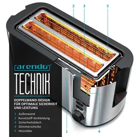 Arendo Toaster 4 Scheiben, Langschlitztoaster, Langschlitz, Edelstahl, 1500W, Display mit Restzeitanzeige, Brötchenaufsatz, Defrost Funktion, Wärmeisolierendes Gehäuse, Silber