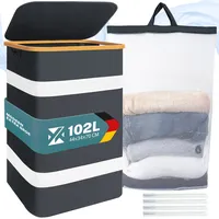 Aufun 102L Wäschekorb mit Deckel, Groß Wäschesammler mit herausnehmbaren Wäschesäcke, Faltbar Wäschebox Wäschesack Wäschenetz Laundry Baskets Wäschesortierer für Bade- & Schlafzimmer, Dunkelgrau