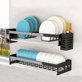 Edelstahl Wandmontage Drain Rack Geschirrkorb,multifunktional Küchenutensilienhalter Mit Abtropfschale, Geschirrablage Küche Abtropfgestell, 2-stufiges Geschirr Abtropfständer, Schwarz Geschirrabtropf