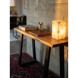 KADIMA DESIGN Schreibtisch Massivholz Industriell 118x41 cm Akazie Live-Edge Goldbraun-Schwarz Schmal | Platzsparend Weser Kollektion Kadima Design
