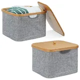 Relaxdays - 2 x Aufbewahrungskorb Stoff, Bambus, Aufbewahrungsbox mit Deckel, Regalkorb, h x b x t: 25 x 33 x 33 cm, Stoffbox, grau