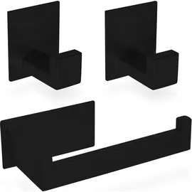 ECENCE 1x Toilettenpapierhalter + 2x Handtuchhaken Badezimmerset selbstklebend Schwarz
