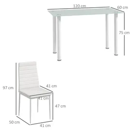Homcom 5-tlg. Essgruppe, Esstisch mit 4 Stühlen, Küchentisch mit Hartglasplatte, Esszimmergruppe, Esszimmermöbel, Esstisch Set für Küche, Weiß