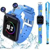 OKYUK 4G GPS Kinder Smartwatch Telefon, Wasserdichtes und Sicheres Smartwatch-Telefon, HD-Großbildschirm, mit Anruf Sprachnachricht SOS Digitalkamera Wecker, 3-12 Jahre Kinder Student(T13-Blau)