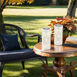 Marrakesch Orient & Mediterran Interior Marrakesch 2er Set Solarlaternen Solarlampen für außen mit Henkel aus Metall 30cm Groß | Boho Deko Outdoor Solar LED Laterne Wetterfest Swann Weiss IP65 Wasserdicht als Gartendeko im Garten