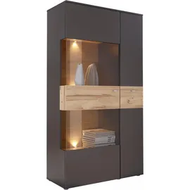 Forte Como grau (grau, eichefarben), B:90cm H:168cm T:41cm, FSC-zertifizierter Holzwerkstoff, Schränke, Vitrine, Highboard, LED Beleuchtung Einlegeböden, Glastüre, Soft Close