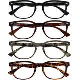 OPULIZE ORA Lesebrille für Damen Herren, Designer Stil, Leser mit Federscharnier, Rechteckiger Rahmen, 4er-Pack Schwarz, Dunkel braun, Braun & Grau Schildpatt +1,00